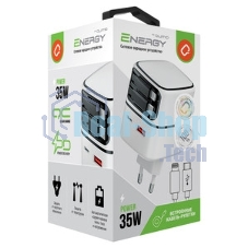 Сетевое зарядное устройство Qumo Energy PD 35Вт (Charger 0093), USB-A QC4+USB-C PD+(USB-C PD+USB 8Pin встр,кабель), белая