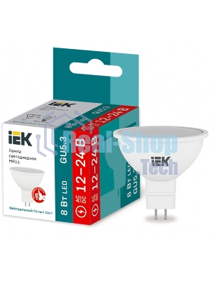 Лампа светодиодная IEK LLE-MR16-08-12-24-40-GU5 MR16 софит 8Вт 12-24В 4000К GU5.3 (низковольтная)