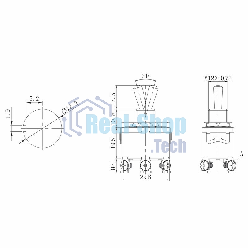 Тумблер Rexant 250V 15А (6c) ON-ON двухполюсный (KN-202) (в упак. 1шт.)