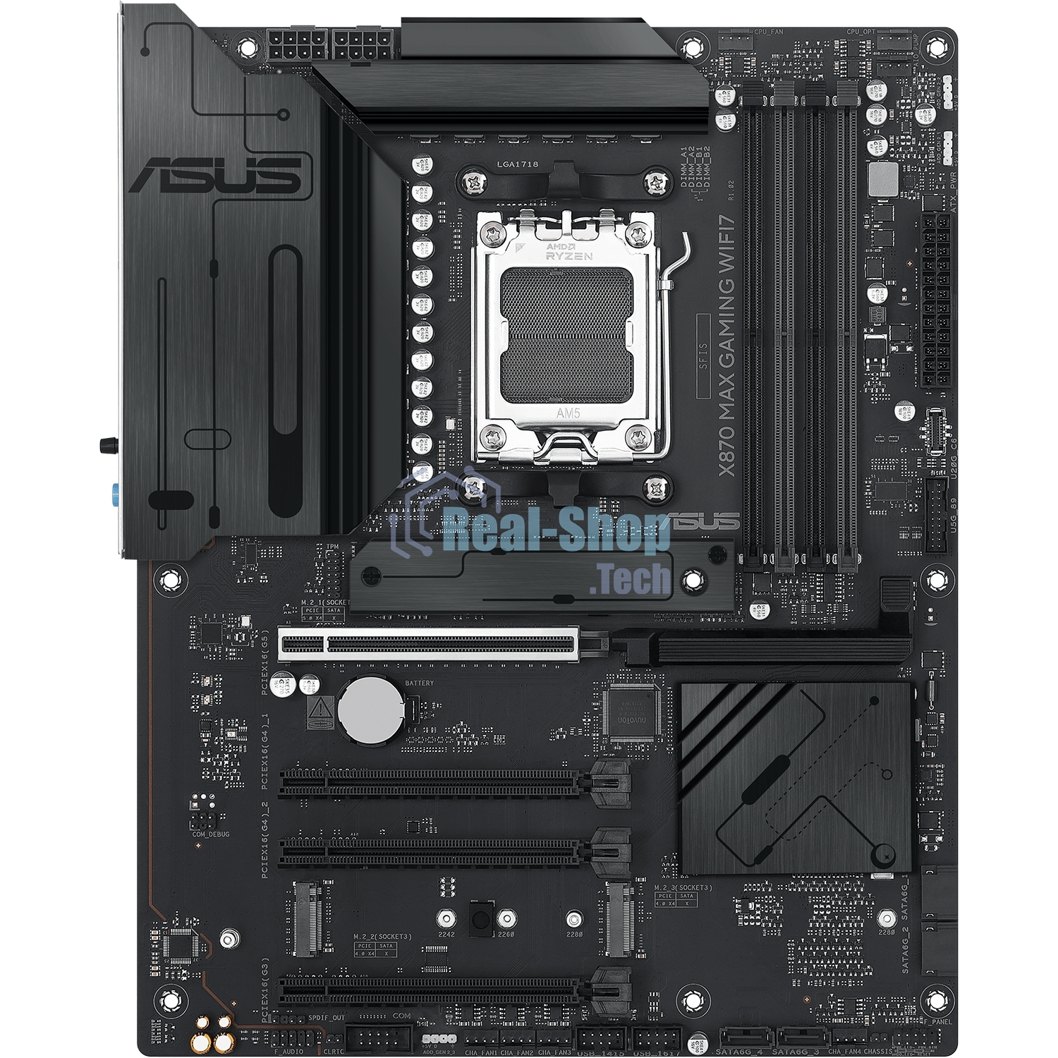 Материнская плата ASUS X870 MAX GAMING WIFI7, AM5, AMD X870, 4xDDR5, 4xSATA, 3xM.2, 1xPCIe 5.0 x16, 2xPCIe 4.0 x16, 1xPCIe x1, 1xHDMI, 2xUSB-C 40Gbps (USB4), 1xUSB-A 10Gbps, 3xUSB-A 5Gbps, 4xUSB-A 2.0, 1x2.5Gb LAN, Wi-Fi 7, Bluetooth 5.4, 3x3.5 мм, 7.1, ATX
