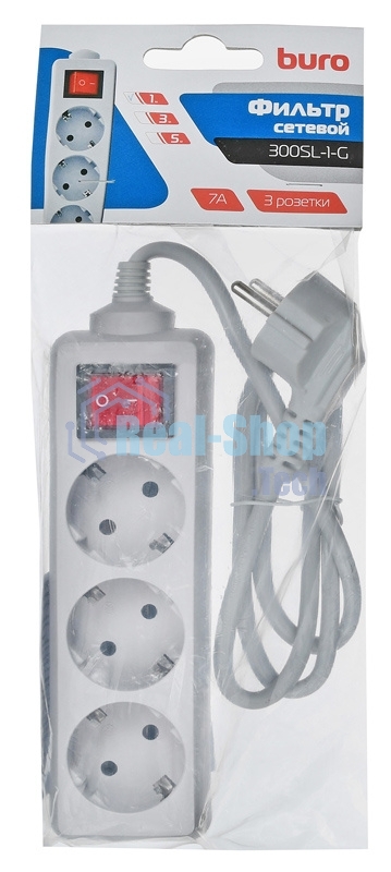Сетевой фильтр Buro 300SL-1-G 1м (3 розетки) серый (пакет ПЭ)