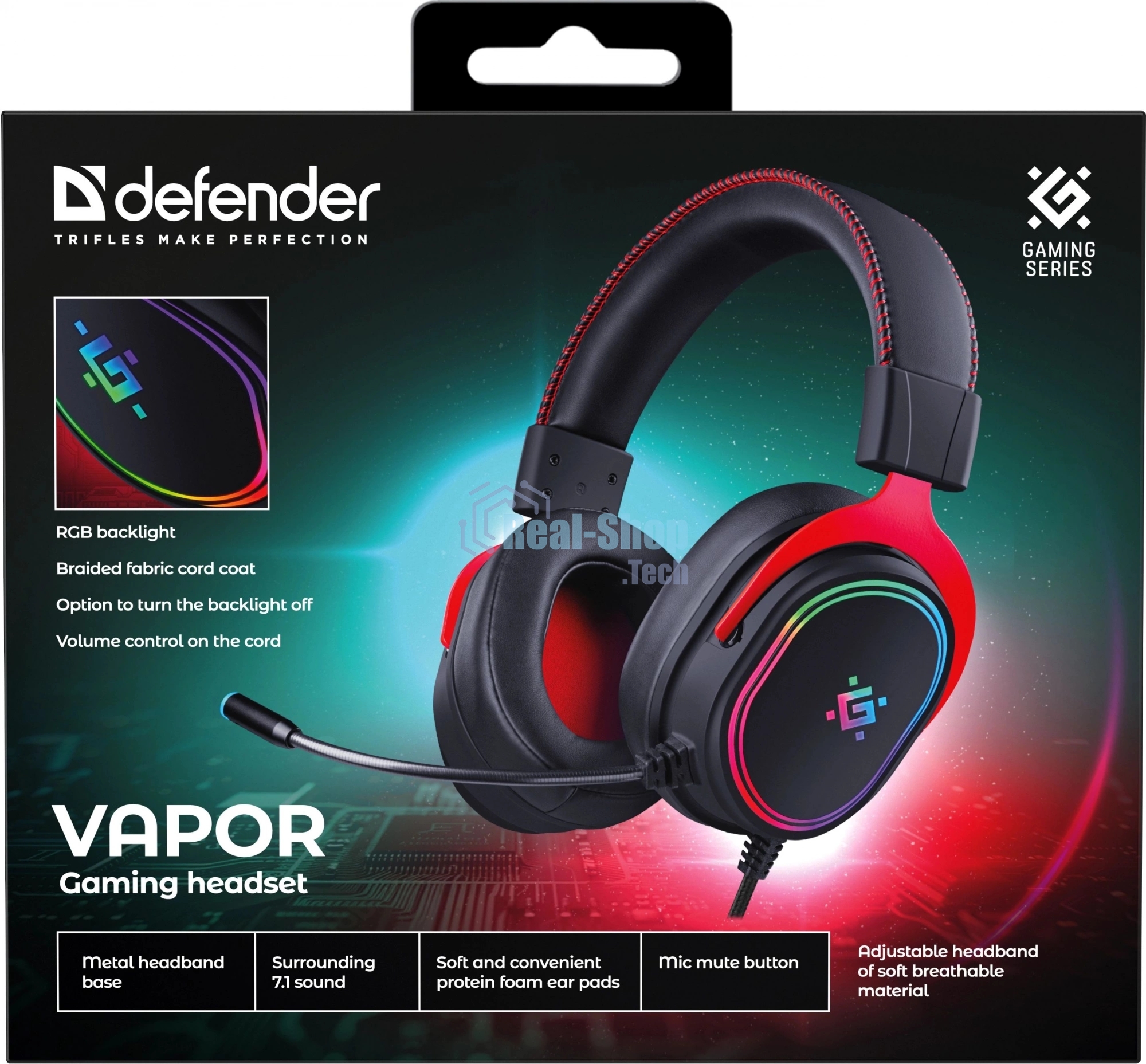 Гарнитура игровая Defender Vapor черный, 7.1, RGb, провод 2.2 м