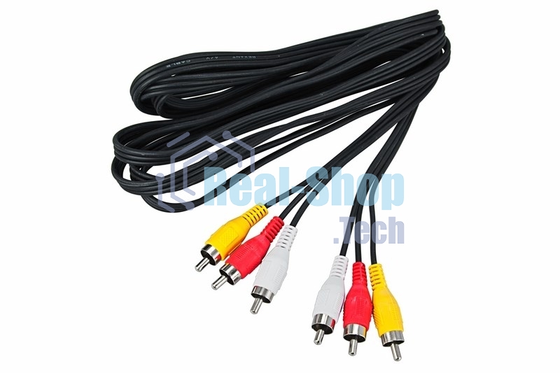 Шнур Rexant 3 RCA - 3 RCA, 5 м, черный (10 шт./уп.)