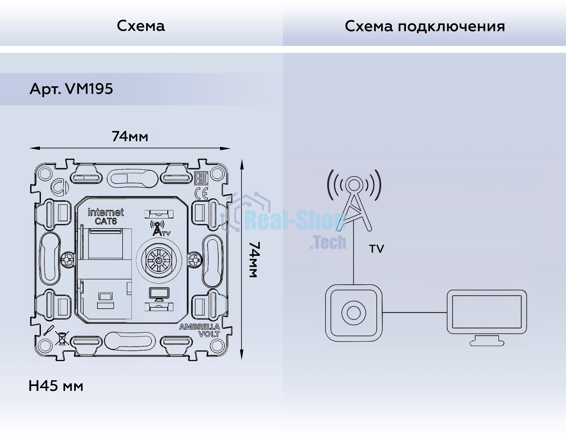 Механизм розетки компьютерной + TV оконечной RJ-45 (8P8C) CAT6/50-870 MHz 1dB с автоматической защитной шторкой QUANT VM195