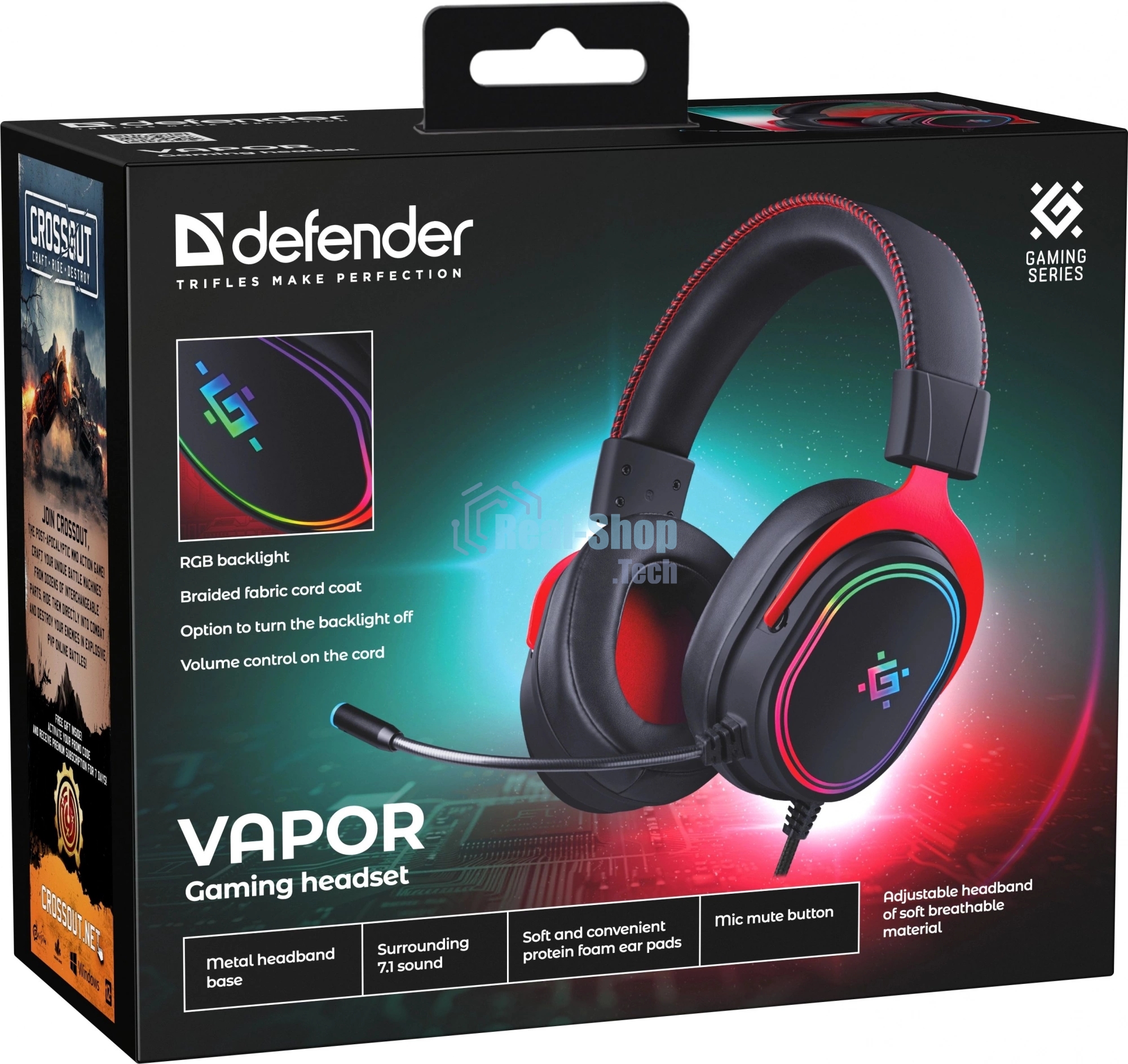 Гарнитура игровая Defender Vapor черный, 7.1, RGb, провод 2.2 м