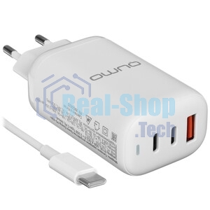 Сетевое зарядное устройство Qumo Energy PD 65Вт (модель 0118), USB-A QC3.0 + 2 USB Type-C PD,+ кабель 1м, Type-C, белый