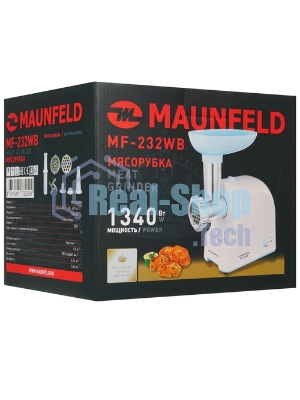 Мясорубка электрическая Maunfeld MF-232WB голубой, 1340 Вт, 1.3 кг/мин, реверс, насадки - 4