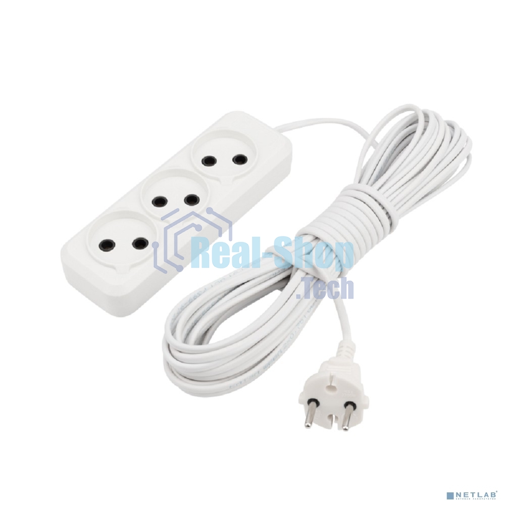 Удлинитель Rexant 3 гнезда, 10 м, 2х0.75 мм², б/з, белый (Сделано в России)