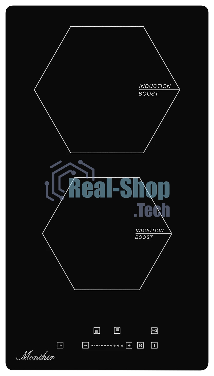 Индукционная варочная панель домино MONSHER MHI 3002, Стеклокерамика KANGER, ширина 30 см, 2 индукционные зоны нагрева: 1 зона 1,2 кВт/Booster 1.5 кВт, 2 зона 2 кВт/Booster 2.3 кВт, электронное сенсорное управление, 3 цифровых дисплея, 9-ступенчатая настр