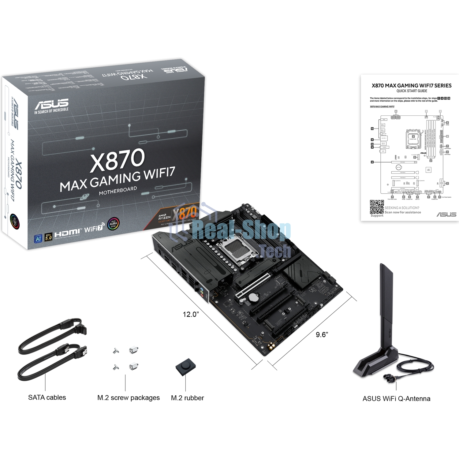 Материнская плата ASUS X870 MAX GAMING WIFI7, AM5, AMD X870, 4xDDR5, 4xSATA, 3xM.2, 1xPCIe 5.0 x16, 2xPCIe 4.0 x16, 1xPCIe x1, 1xHDMI, 2xUSB-C 40Gbps (USB4), 1xUSB-A 10Gbps, 3xUSB-A 5Gbps, 4xUSB-A 2.0, 1x2.5Gb LAN, Wi-Fi 7, Bluetooth 5.4, 3x3.5 мм, 7.1, ATX