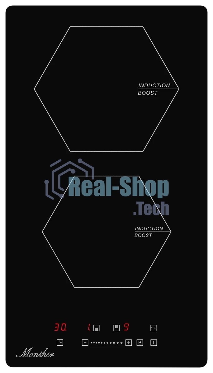 Индукционная варочная панель домино MONSHER MHI 3002, Стеклокерамика KANGER, ширина 30 см, 2 индукционные зоны нагрева: 1 зона 1,2 кВт/Booster 1.5 кВт, 2 зона 2 кВт/Booster 2.3 кВт, электронное сенсорное управление, 3 цифровых дисплея, 9-ступенчатая настр