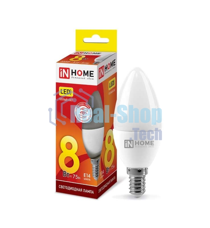 Лампа светодиодная LED-СВЕЧА-VC 8Вт 230В E14 3000К 720лм IN HOME 4690612020426