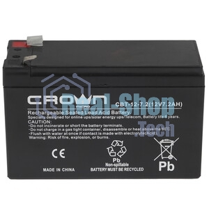 Батарея для ИБП CROWN CBT-12-7.2 (напряжение 12В, емкость 7.2 А/Ч, разм 151х65х100 мм, вес 2,1 кг, тип клеммы - F2, 5 лет)