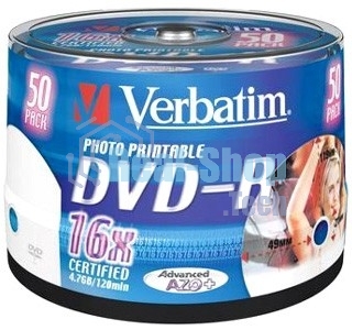 Диск DVD-R Verbatim 4.7Gb 16x Cake Box (50шт) Printable (43533)