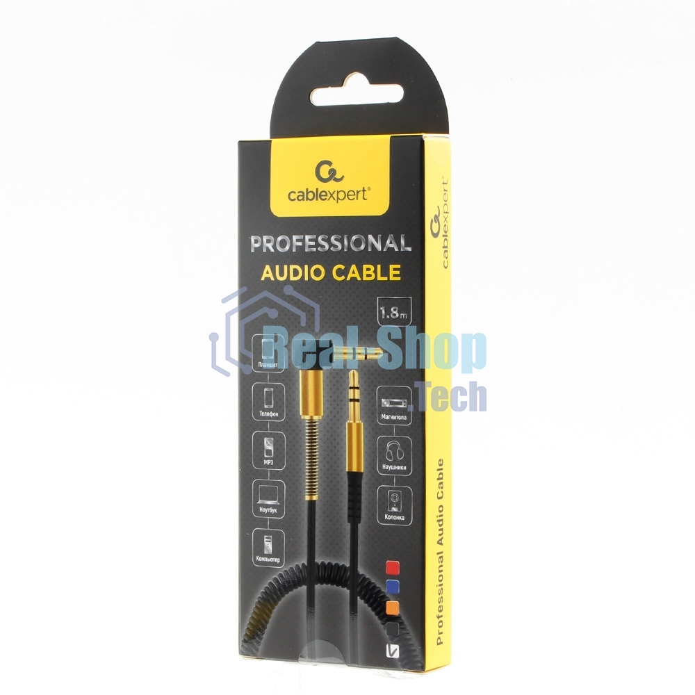 Кабель Cablexpert аудио 90˚ спиральный CCAB-02-35MMLC-1.8MB. 3.5 Jack (M)/3.5 Jack (M), черный, 1.8м, блистер