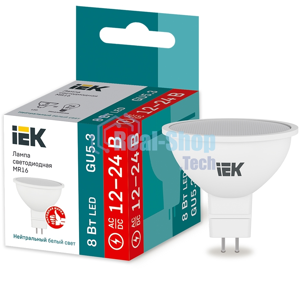 Лампа светодиодная IEK LLE-MR16-08-12-24-40-GU5 MR16 софит 8Вт 12-24В 4000К GU5.3 (низковольтная)