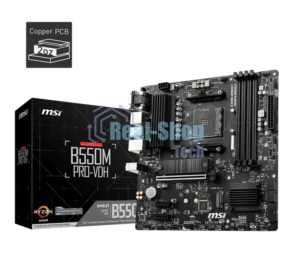 Материнская плата MSI B550M PRO-VDH, AM4, AMD B550, 4xDDR4, 4xSATA, 2xM.2, 1xPCI-E 4.0 x16, 2xPCI-E x1, 1xDP, 1xHDMI, 1xVGA, 1x 1Gb LAN, 2xUSB 2.0, 4xUSB 3.2 Gen 1, 3x3.5 мм, 7.1, Micro-ATX