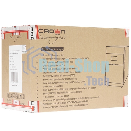 Источник бесперебойного питания CROWN On-Line CMUOA-350-1K EURO 1000VA/900W, корпус металл, TOWER, АКБ 3*12V/7AH, PF-0.9, AVR 110-300V, порт RJ-11/45+USB/RS-232, EPO, розетки 2*EURO, входной кабель 2 м, вентилятор охлаждения, автомат, слот для SNMP, порт для доп. батарейных кабинетов, ПО