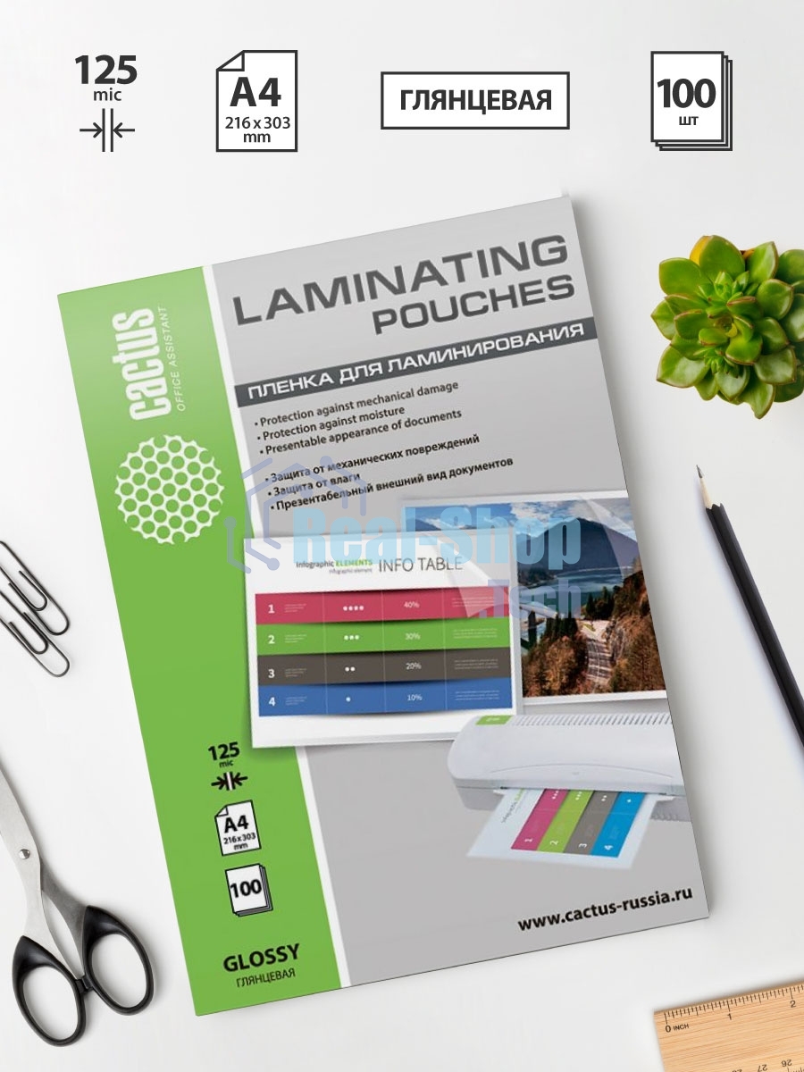 Пленка для ламинирования Cactus 125мкм A4 (100 шт) глянцевая 216x303 мм CS-LPGA4125100