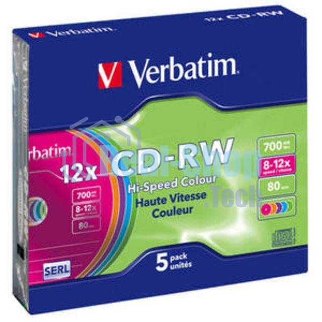 Диск CD-RW Verbatim 700Mb 12x Slim case (5шт) Color (43167)