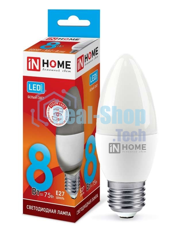 Лампа светодиодная LED-СВЕЧА-VC 8Вт 230В E27 4000К 720лм IN HOME 4690612020457