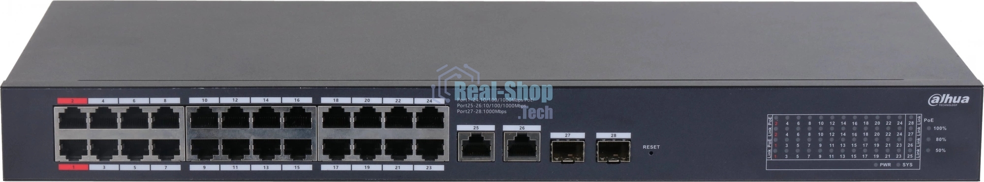 Коммутатор Dahua DH-CS4228-24GT-375 (L2) 24x1 Гбит/с 2xКомбо (1000BASE-T/SFP) 2SFP 24PoE 375W управляемый