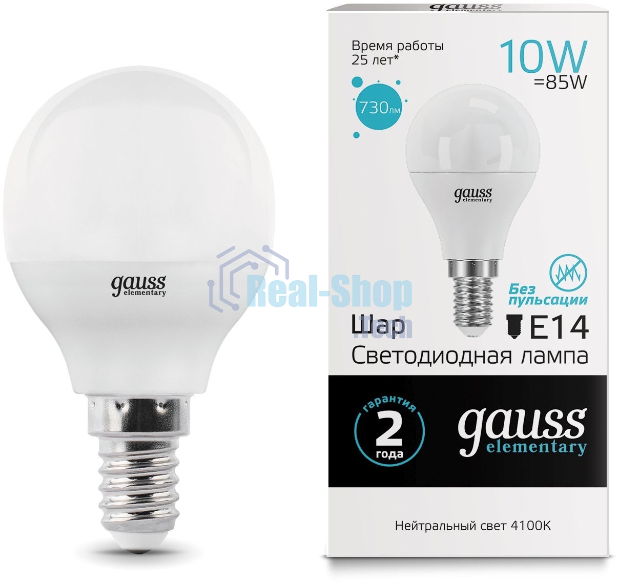 Лампа светодиодная Gauss Elementary 10Вт цок.: E14 шар 220B 4100K св. свеч. белый нейт. (упак.: 10 шт)