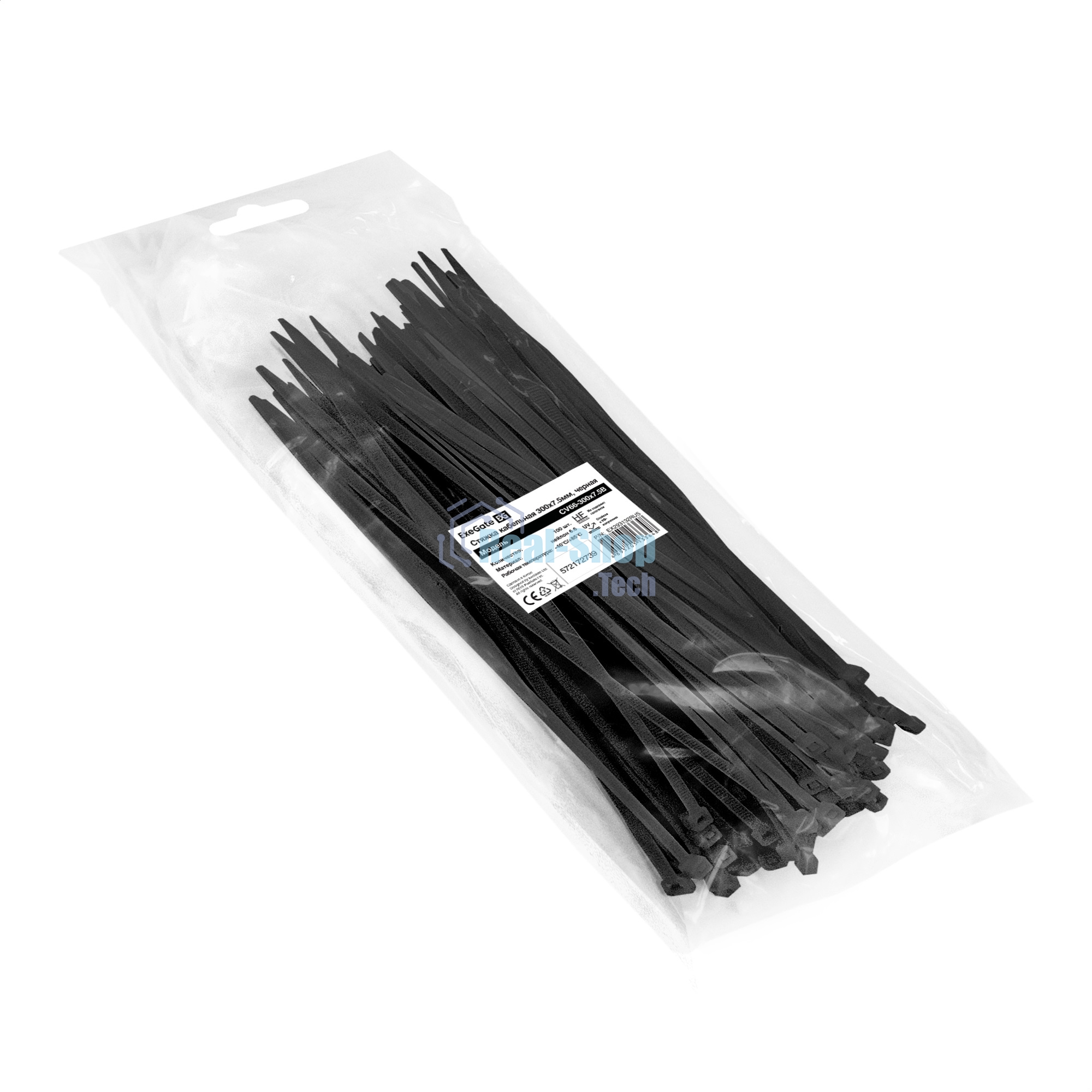 Стяжка (хомут) нейлоновая ExeGate EX293132RUS CV66-300x7.5B (нейлон 6.6, 300x7.5 мм, неоткрывающаяся, halogen free, -40°C - +85°C, черная, 100 шт)