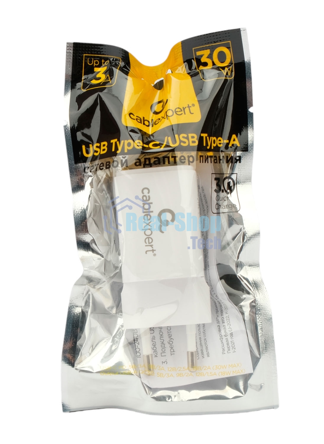 Сетевое зарядное устройство Cablexpert MP3A-PC-42, 30Вт, быстрая зарядка QC3.0/PD, 2 порта: USB и Type-C, белый, пакет