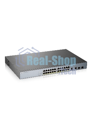 Коммутатор Zyxel GS1350-26HP, 24xGE PoE+, 2xCombo (SFP/RJ-45), бюджет PoE 375 Вт, дальность передачи питания до 250 м, автоперезагрузка PoE-портов, повышенная защита от перенапряжений и электростатических разряд