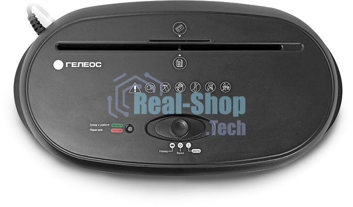 Шредер ГЕЛЕОС УМ24-4, DIN P-4 (4 ур-нь секр.), фрагмент 3,9х38мм, 17 лист (70г/м2), CD/пл.карты/скрепки/скобы, 24 литра