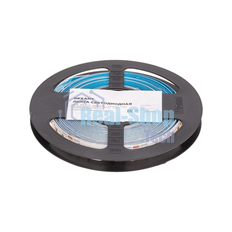 Лента светодиодная Rexant 24В, SMD2835, 9,6Вт/м, 120 LED/м, 3000K, 10мм, 5м, IP20