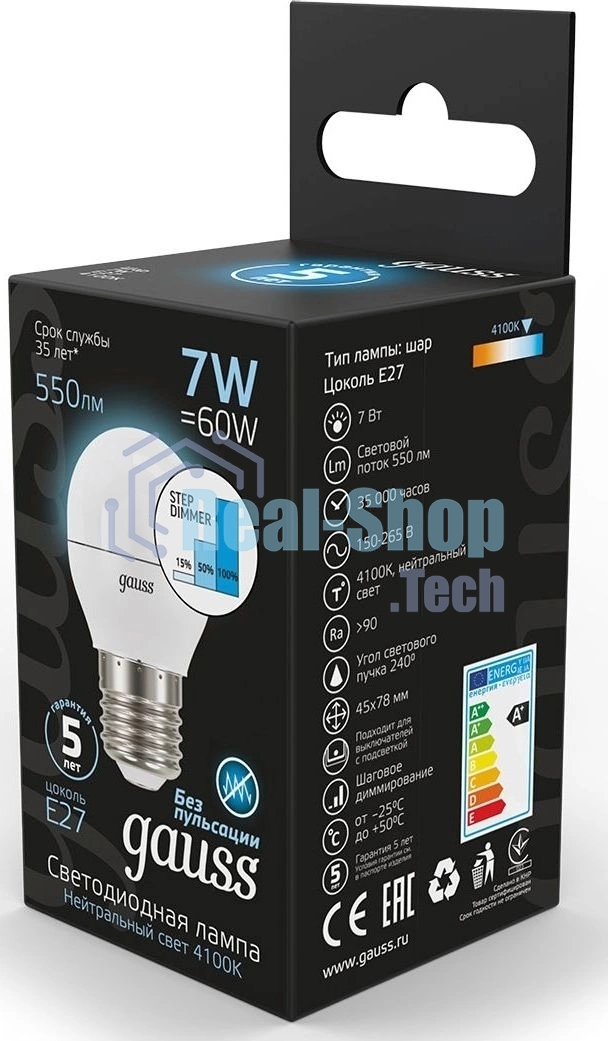 Лампа светодиодная Gauss LED Globe 7Вт E27 4100К step diммable (диммир.)