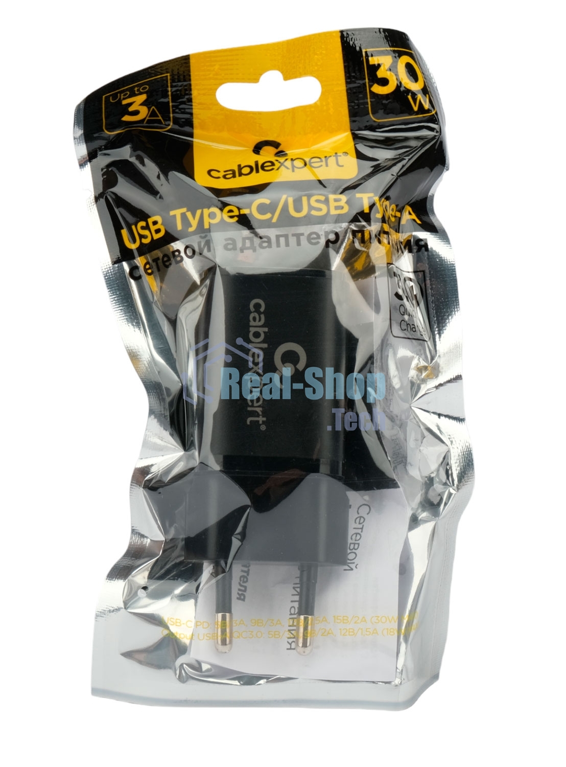 Сетевое зарядное устройство Cablexpert MP3A-PC-43, 30Вт, 3А, быстрая зарядка QC3.0/PD, 2 порта: USB и Type-C, черный, пакет