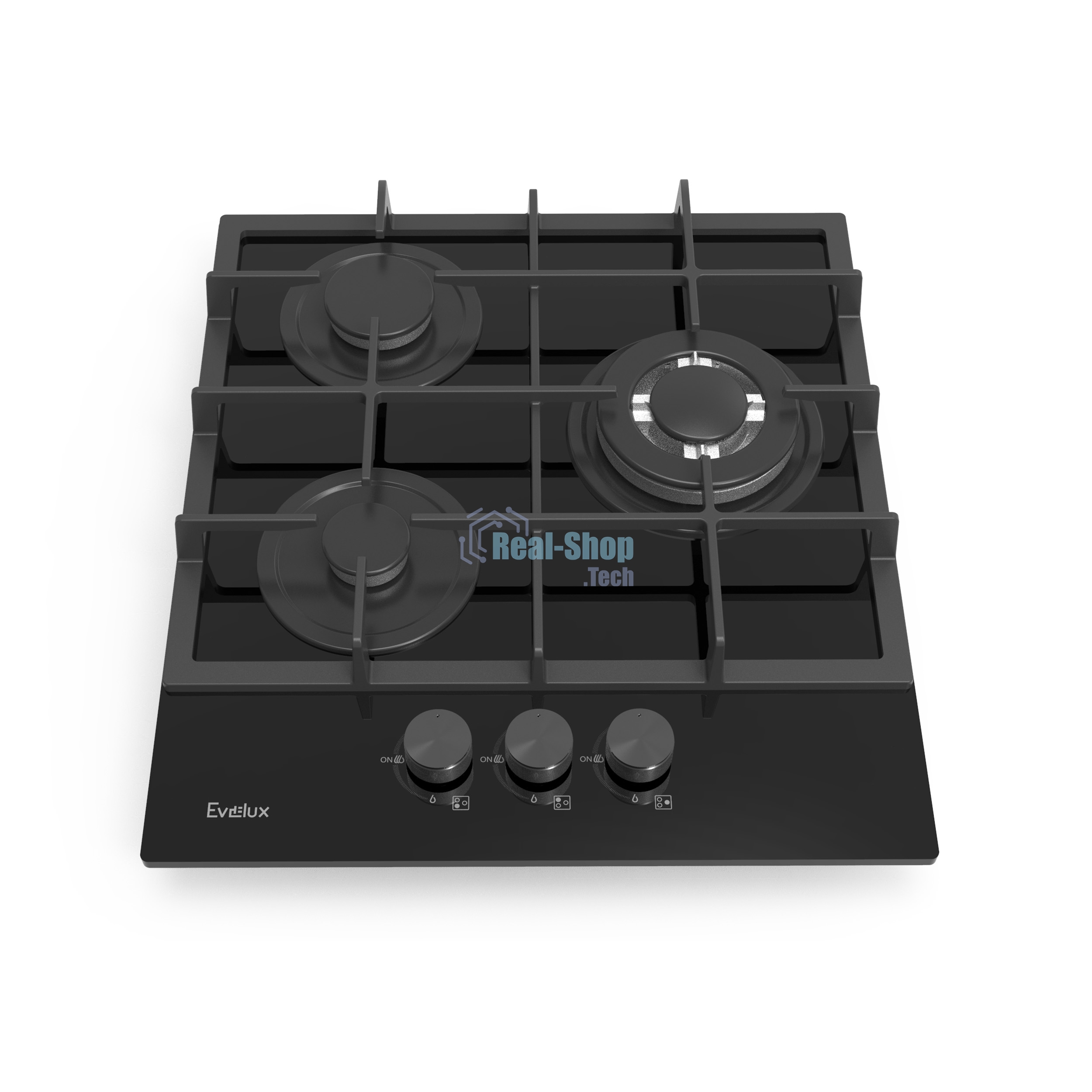 Газовая варочная панель Evelux HEG 425 BG Hi-Tech, 45 см, 3 конфорки, WOK-конфорка, чугунные решетки, газ-контроль, электроподжиг, механическое управление, черный