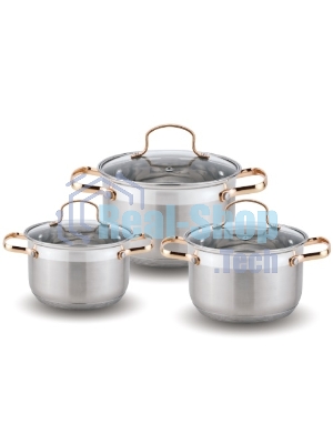 Набор посуды Kelli KL-4214 6 пред.(Кастрюля с жаропрочной стекл. крышкой 2.1 л. Кастрюля с жаропрочной стекл. крышкой 3 л. Кастрюля с жаропрочной стекл. крышкой 4 л. Мерная шкала внутри. Высококачественная нержавеющая сталь 18/10. 5-ти слойное капсульное дно.)