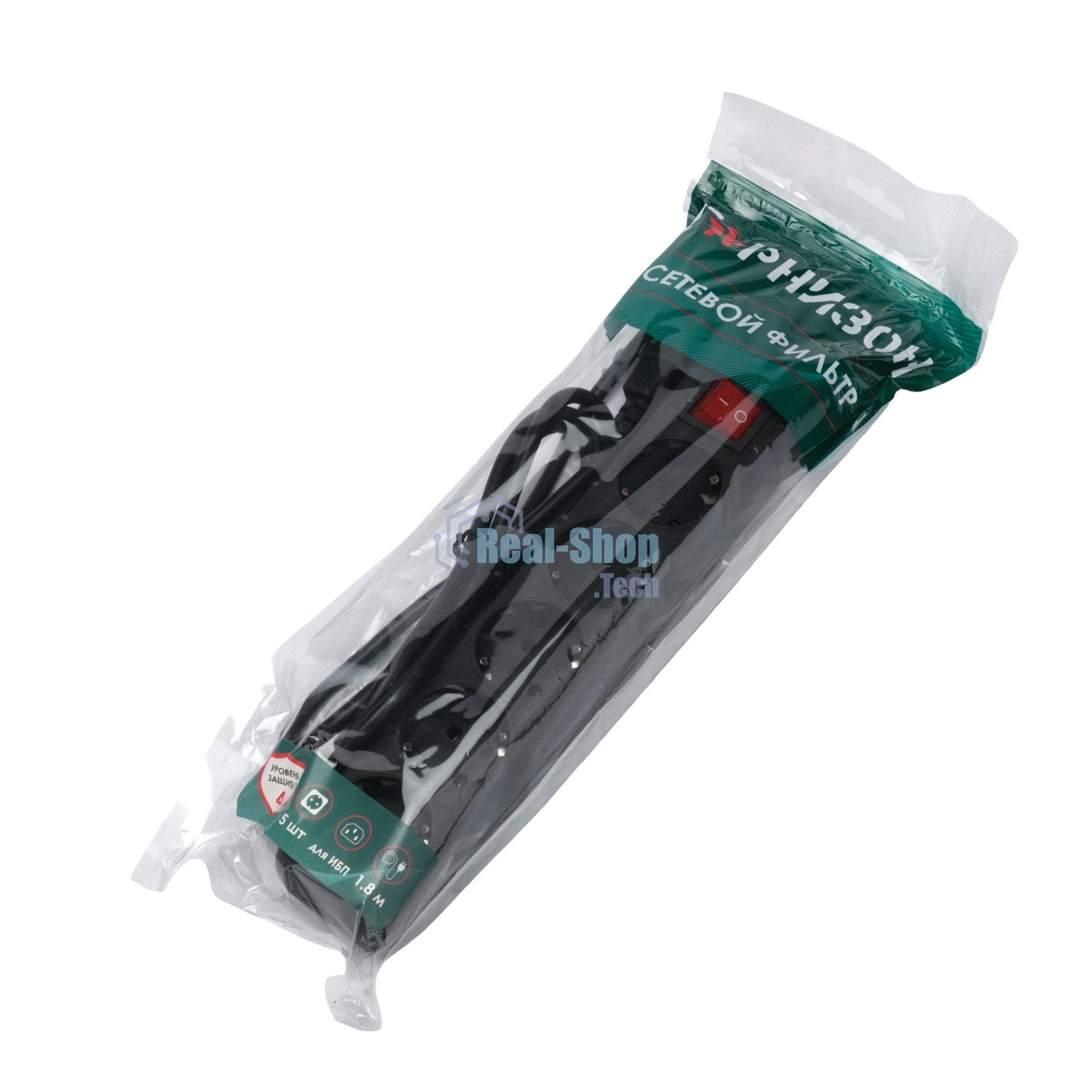 Сетевой фильтр Гарнизон для ИБП, 5 р, 10А, 1.8 м, ур.защиты 4, черный, пакет