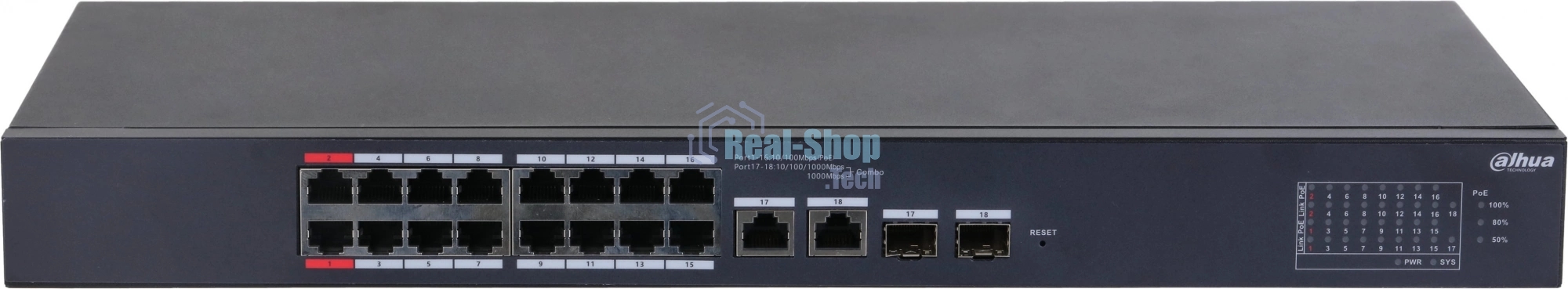 Коммутатор Dahua DH-CS4218-16ET-135 (L2) 16x100Мбит/с 2xКомбо (1000BASE-T/SFP) 16PoE 135W управляемый