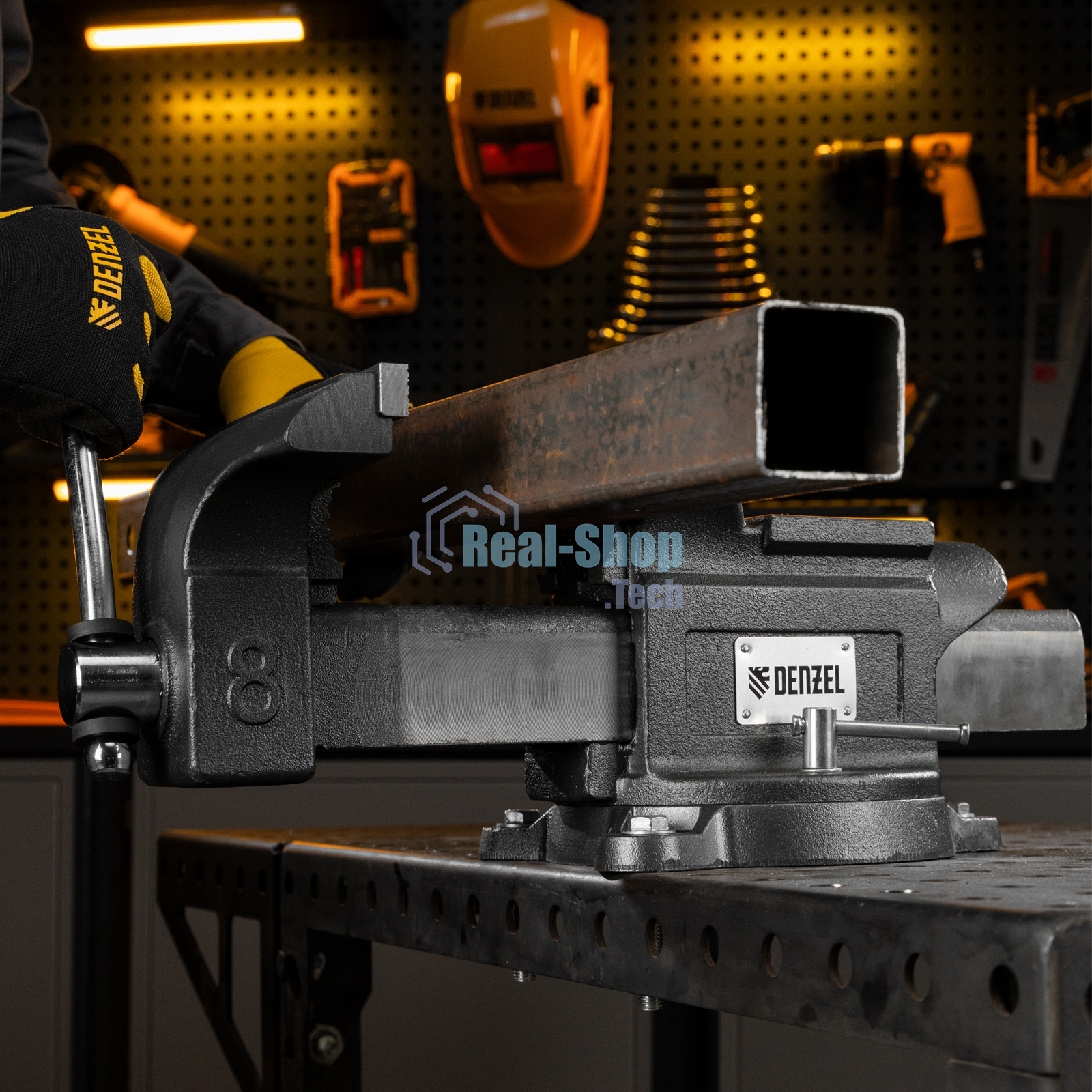 Тиски слесарные Denzel BVH-200, 200 мм, поворотные, стальная направляющая, с наковальней