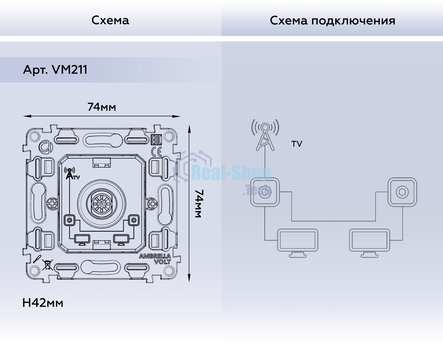 Механизм TV розетки проходной 5-1000 MHz 4dB QUANT VM211