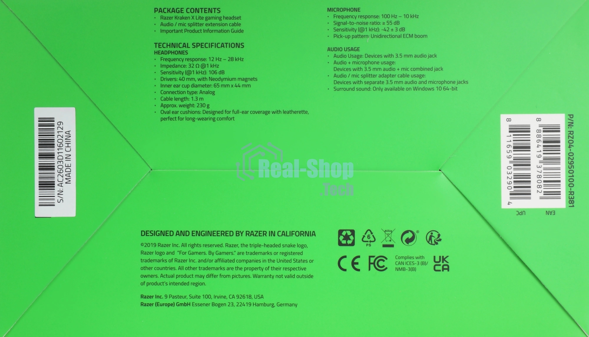 Гарнитура Razer Kraken X Lite чёрный, проводная, 3.5 мм