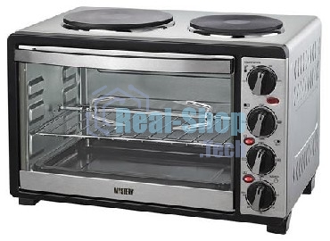 Мини-печь Mystery MOT-3330 (нержавеющая сталь, 1500 Вт, 2 конфорки, гриль, съемный вертел)
