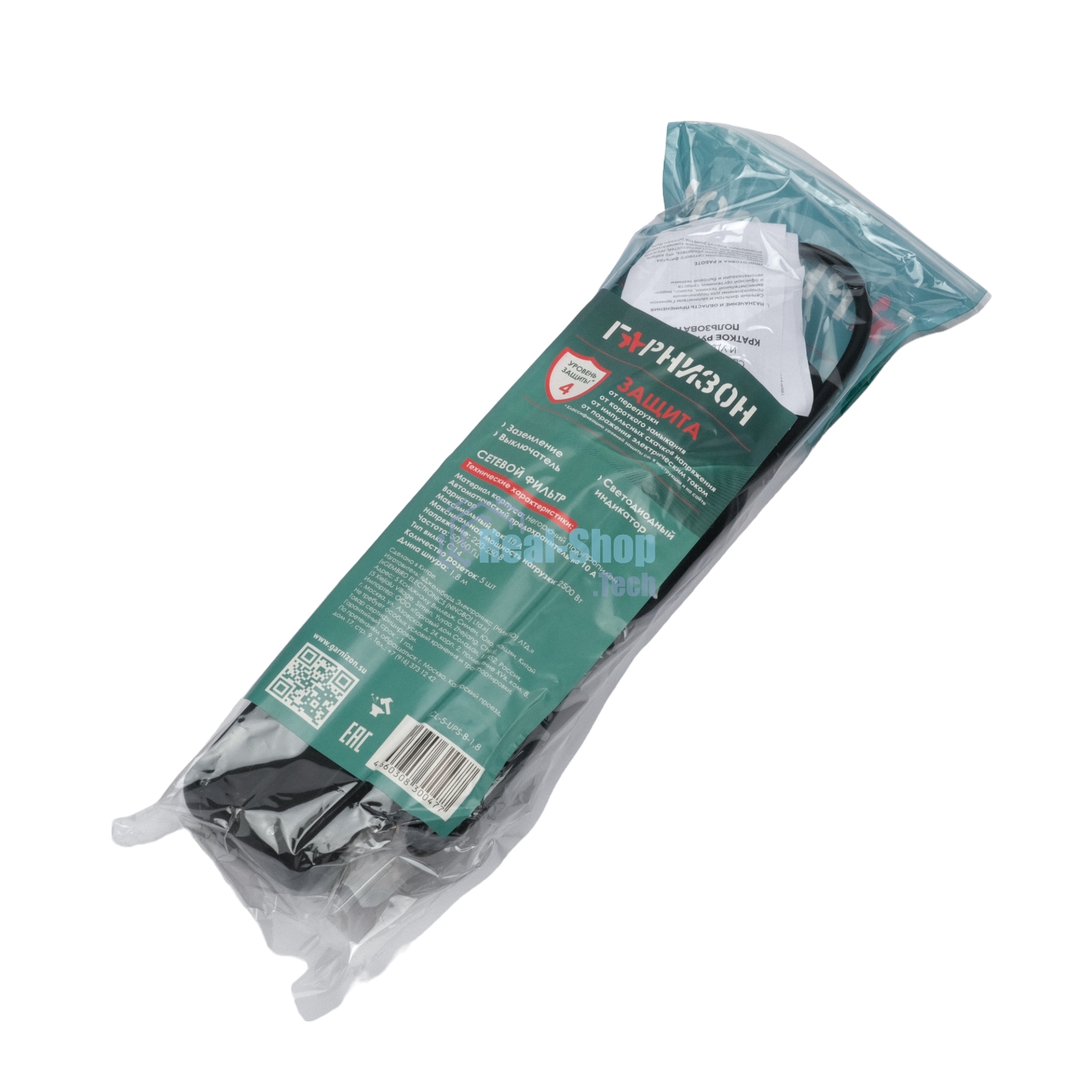 Сетевой фильтр Гарнизон для ИБП, 5 р, 10А, 1.8 м, ур.защиты 4, черный, пакет