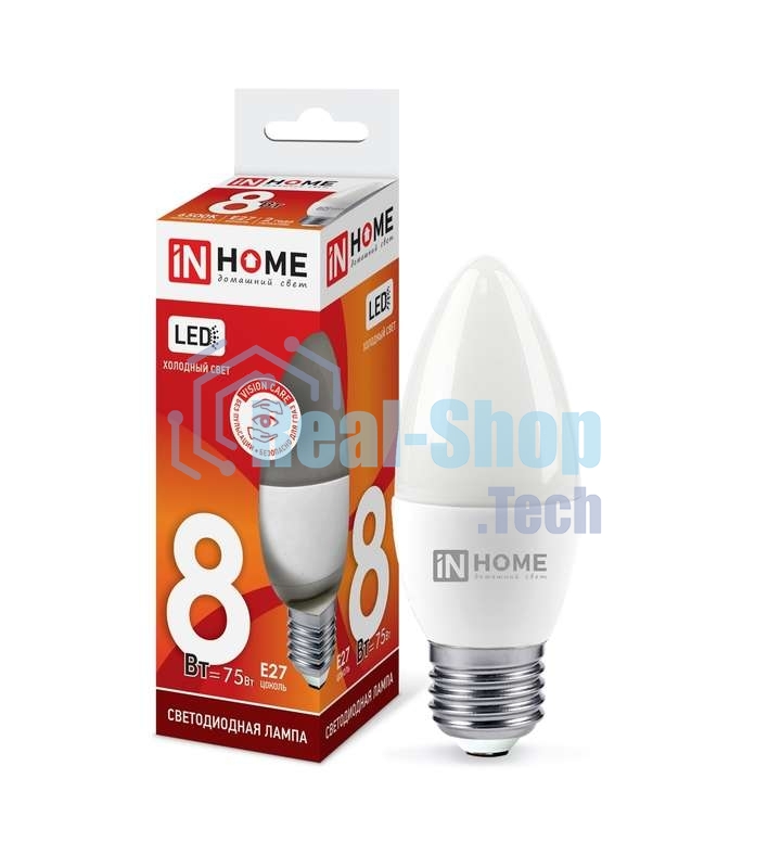 Лампа светодиодная LED-СВЕЧА-VC 8Вт 230В E27 6500К 720лм IN HOME 4690612024820