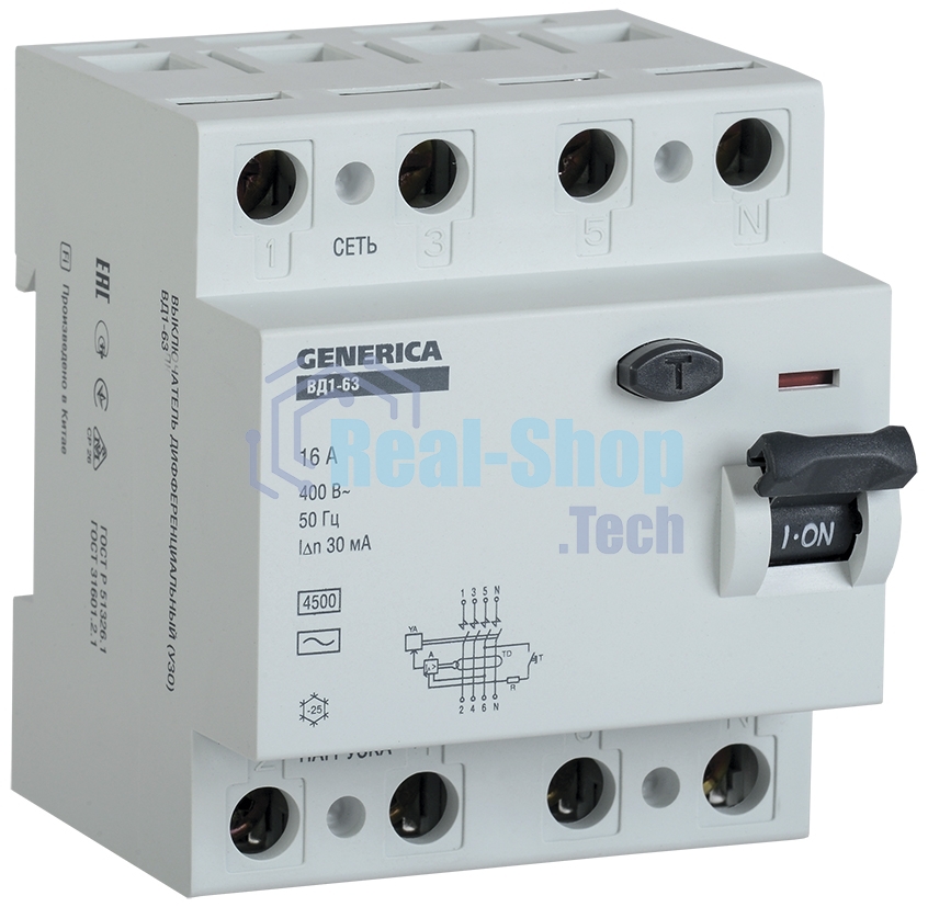 Выключатель дифференциального тока (УЗО) 4п 40А 30мА тип AC ВД1-63 GENERICA IEK MDV15-4-040-030