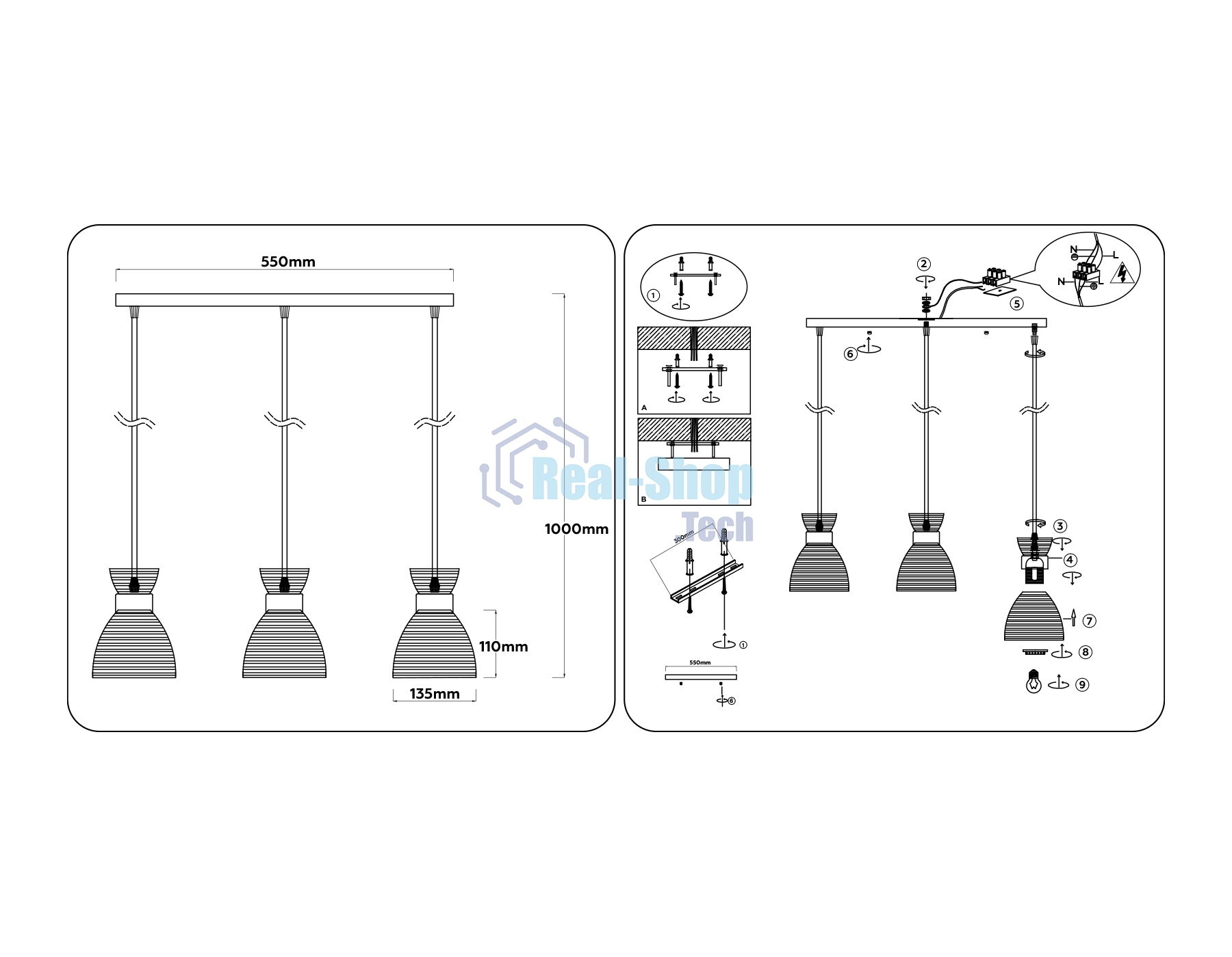 Светильник Ambrella light TR3404/3 BK/FGD/TI черный/золото/янтарь E27/3 max 60W 550*135*1000