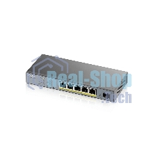 Коммутатор Zyxel GS1350-6HP, 4xGE PoE+, 1xGE PoE++ (802.3bt), 1xSFP, бюджет PoE 60 Вт, дальность передачи питания до 250 м, автоперезагрузка PoE-портов, повышенная защита от перенапряжений и электростатических р