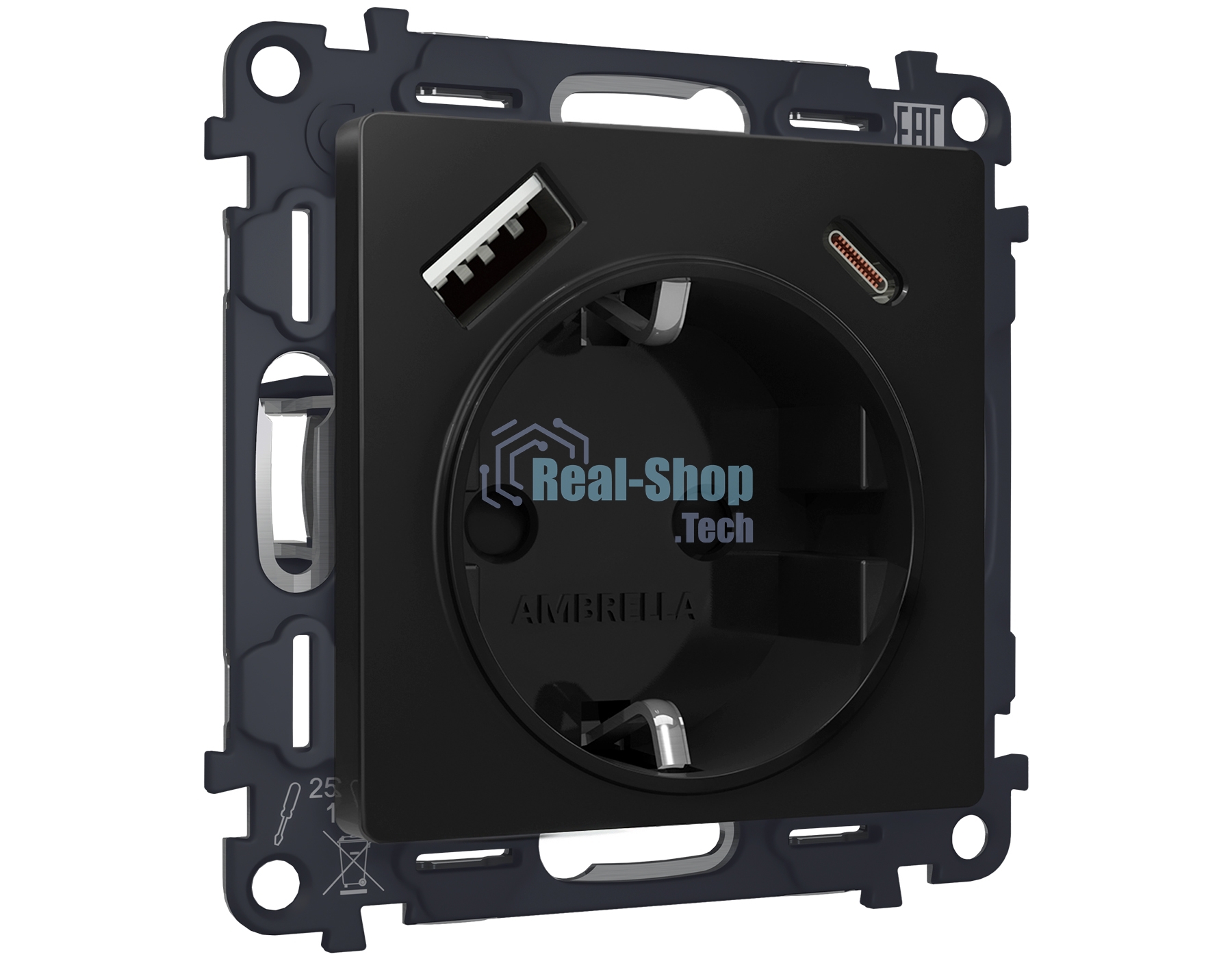Комплект механизма электрической розетки ALFA Черный матовый 2USB A+C 20W (быстрая зарядка) с/з QUANT (AP8100, VM160) MA810010