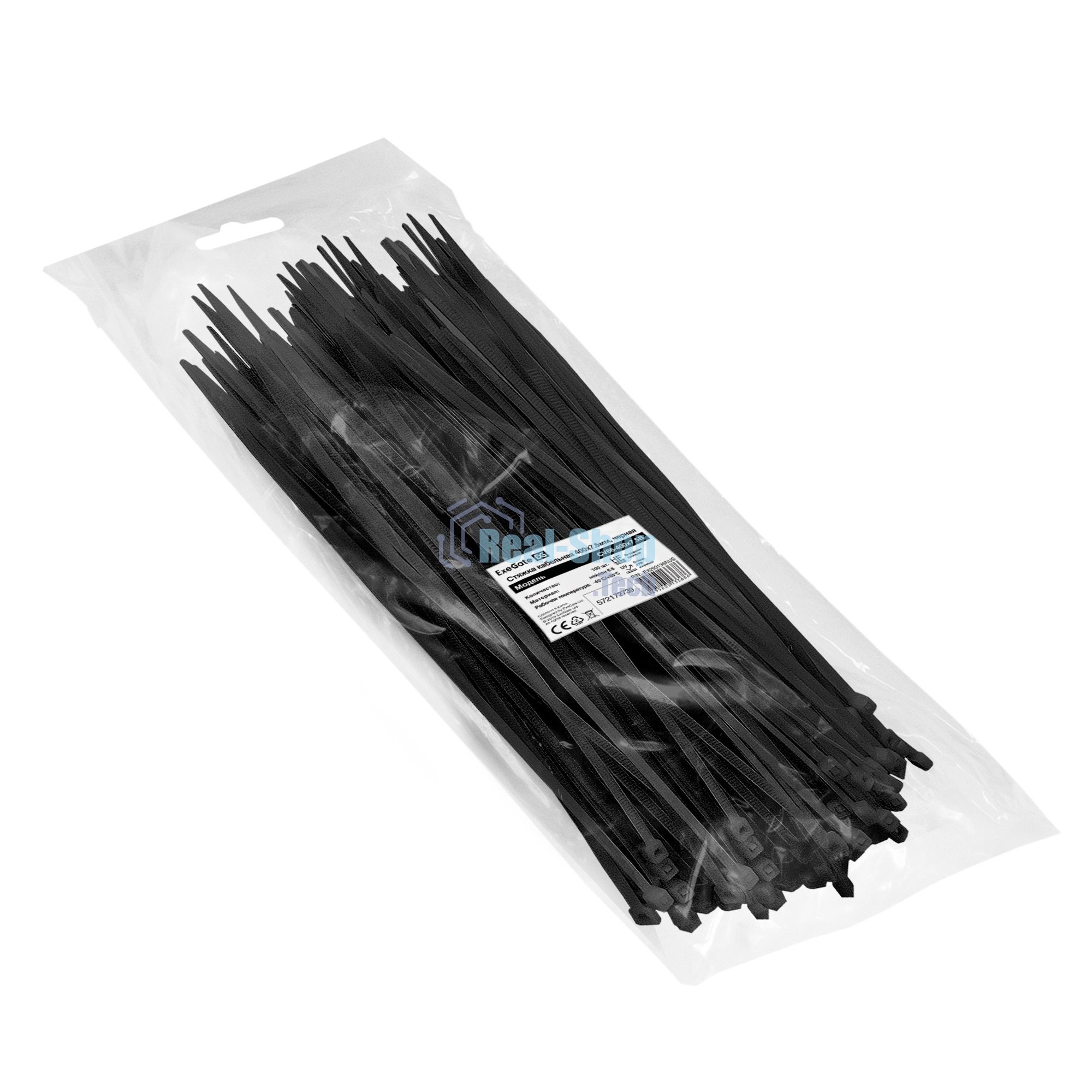 Стяжка (хомут) нейлоновая ExeGate EX293136RUS CV66-400x7.5B (нейлон 6.6, 400x7.5 мм, неоткрывающаяся, halogen free, -40°C - +85°C, черная, 100 шт)
