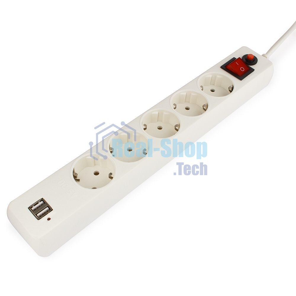 Сетевой фильтр Гарнизон 5 р, 10А, 2xUSB, 1.8 м, ур.защиты 4, белый, пакет